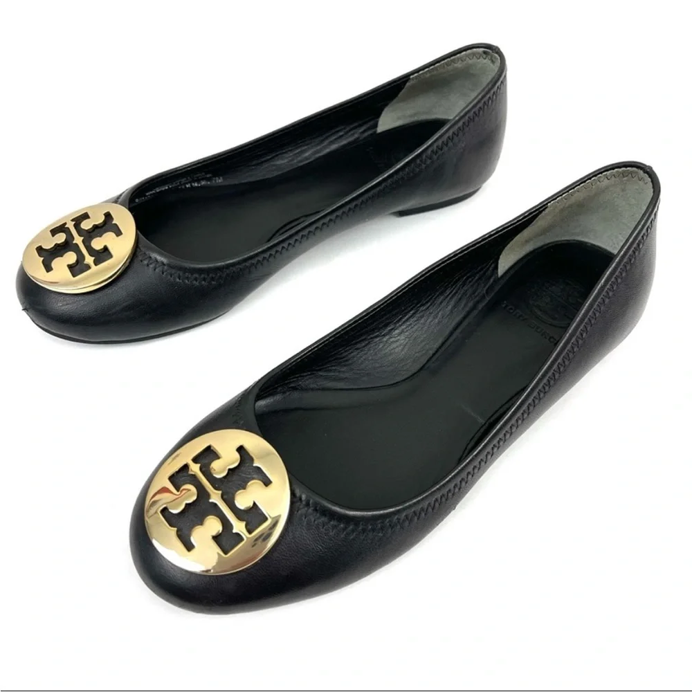 Tory Burch Black Leather Reva Logo Ballet Flats